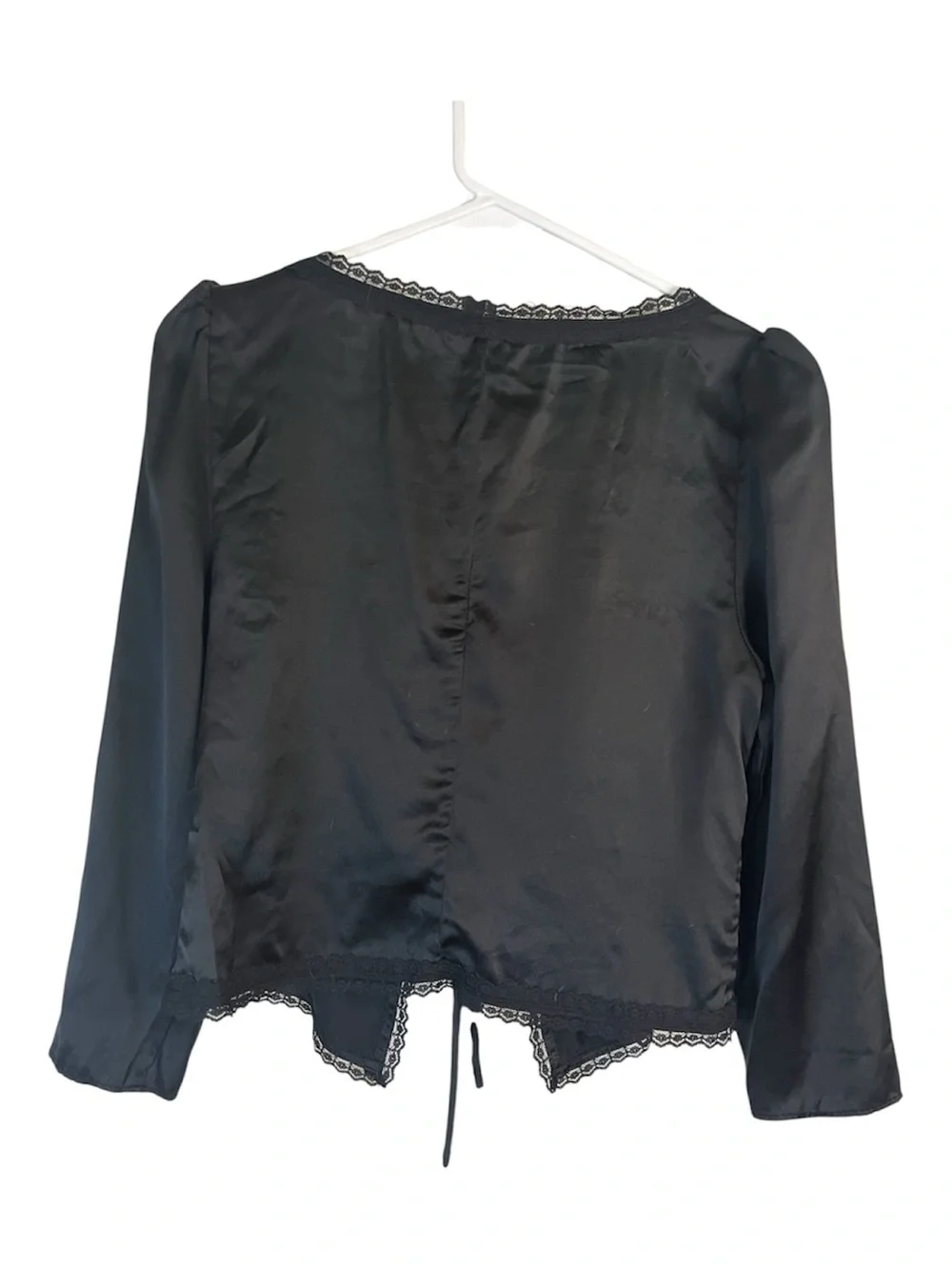 Reformation Lucinda Black Silk Satin Witchy lace-Trim Tie-Front Crop Blouse
